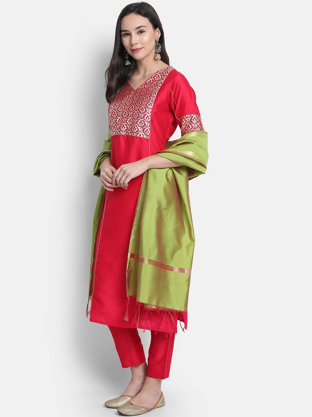Janasya Women Pink Kurti with Trousers & Dupatta