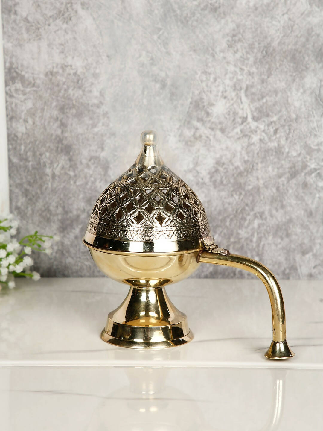 CraftVatika Gold-Toned Dhoop Dani Loban With Handle & Incense Stick Holder Showpiece 