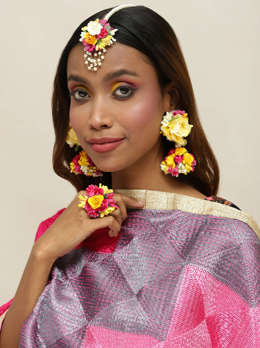 Yellow Pink Beaded Flower Jewellery Set - Ruby Raang - Grab2buy