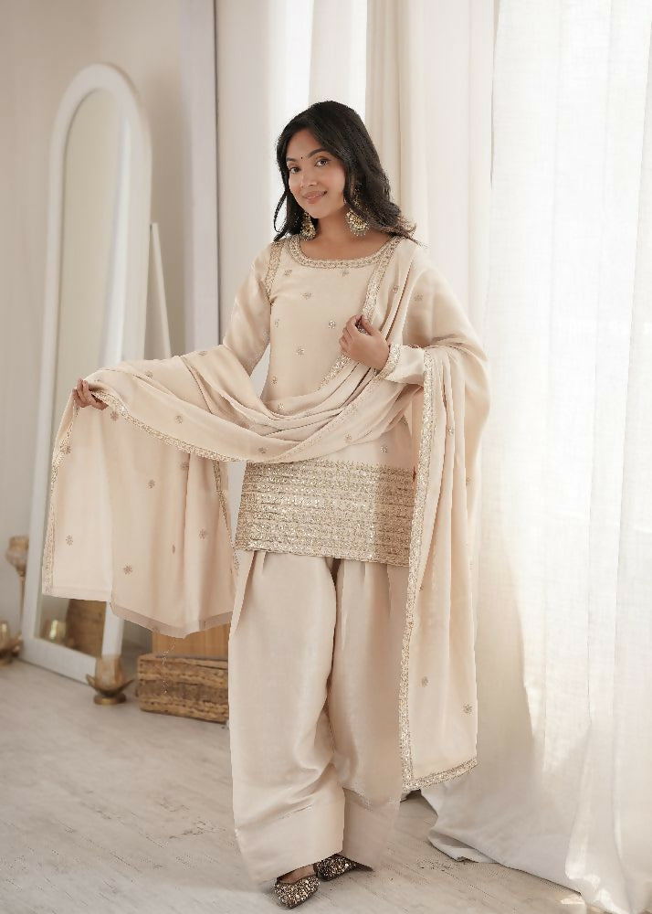 Teeya Creation Beige Silk Embroidered Kurta Salwar Suit Set With Dupatta