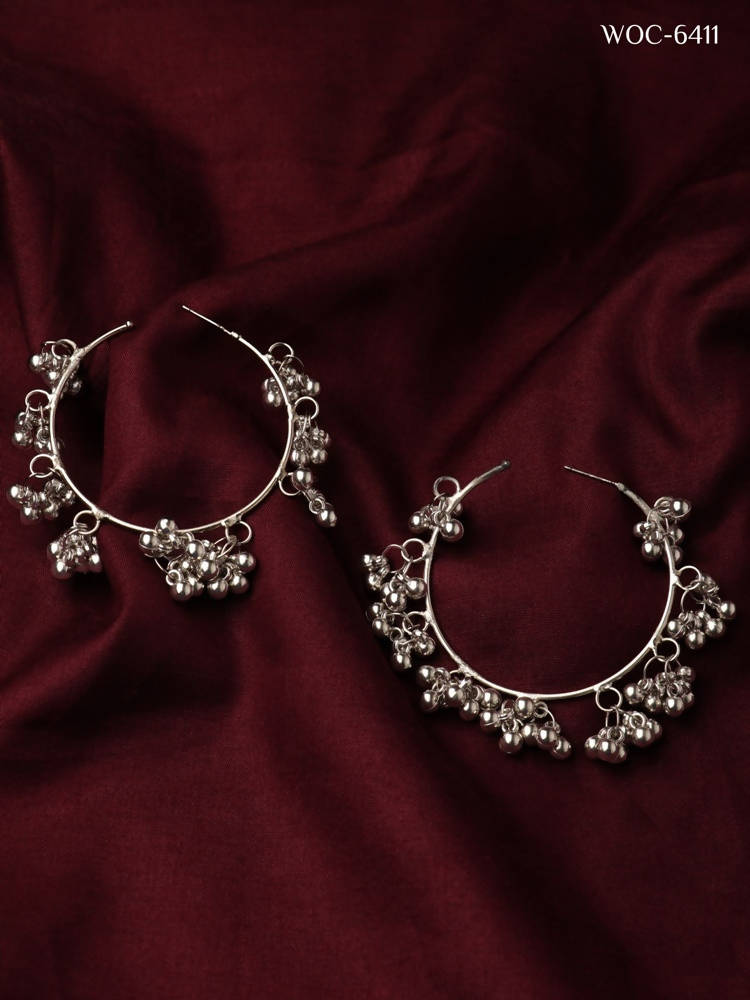 Mominos Fashion Johar Kamal Silver Parrot Hoops and Ghungroo Bali Combo Earrings