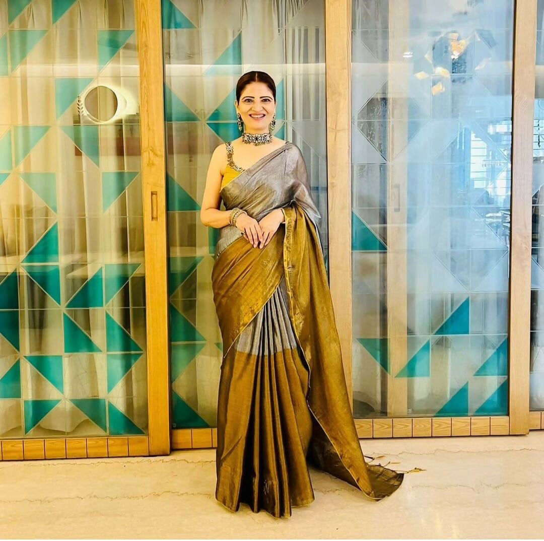 Exclusive Collection Beautiful Gray Copper Tissue Silk Hand Weaving Handloom Grab2Buy With Running Blouse Piece 