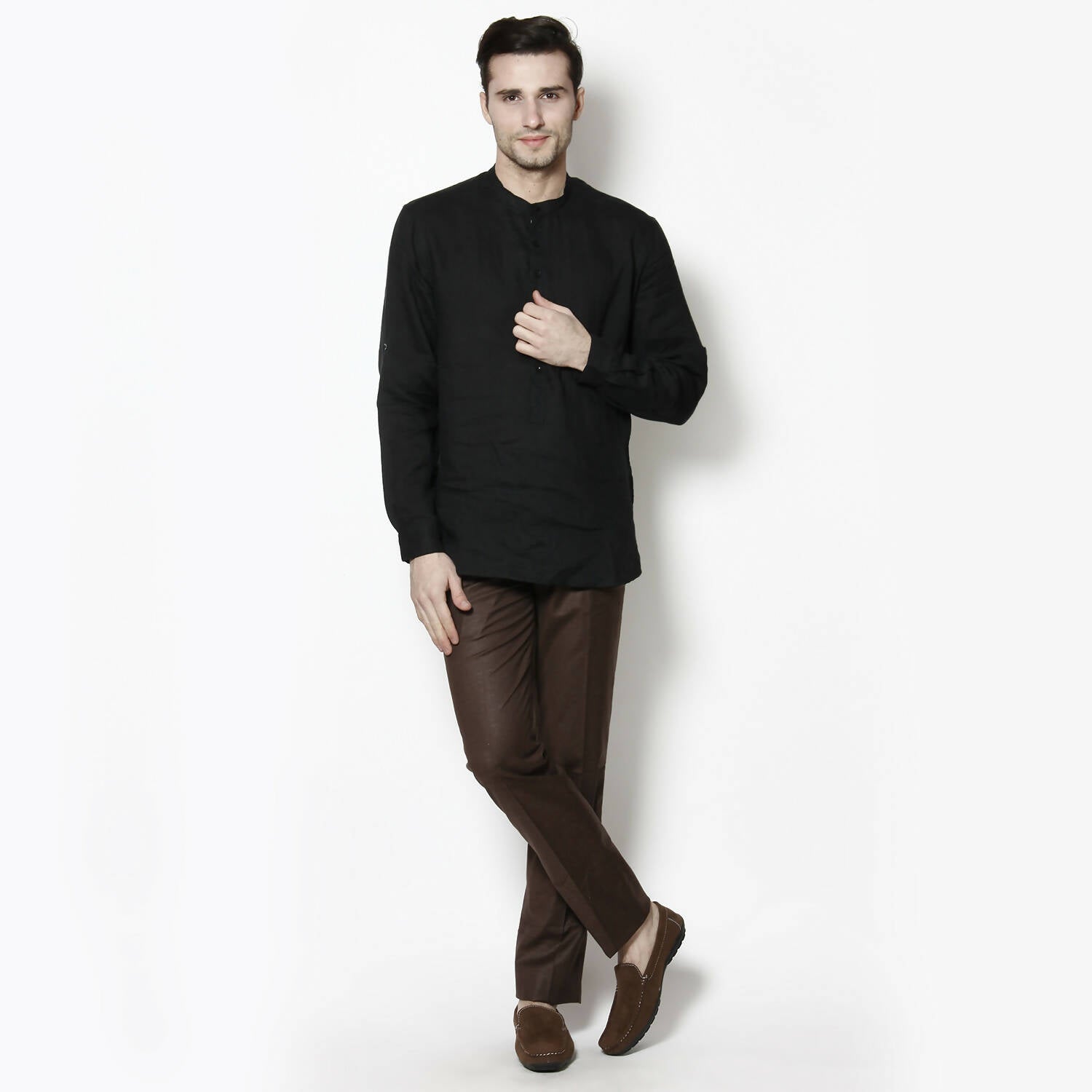 Even Apparels Black Linen Linen Men's Kurta With Band Collar 