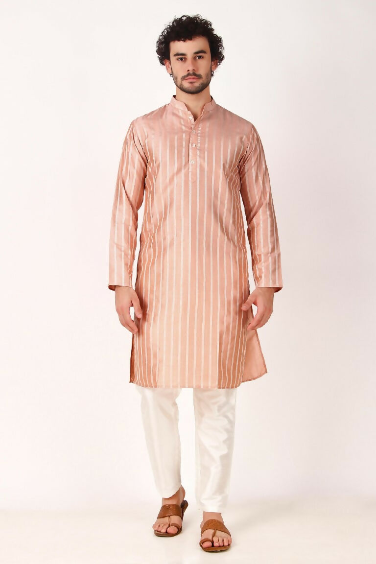 Pink Art Silk Woven Designer Men's Rajwadi Kurta Set - Mahotsav