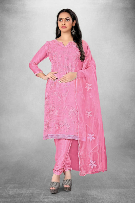 Pink Heavy Organza Silk Embroidered Unstitched Dress Material - Amara