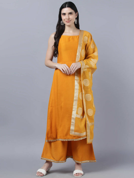 Myshka Women Yellow Panelled Kurta with Palazzos With Dupatta