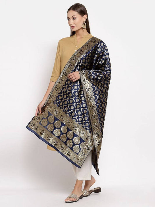 Myshka Women's Black Silk Print Casual Dupatta