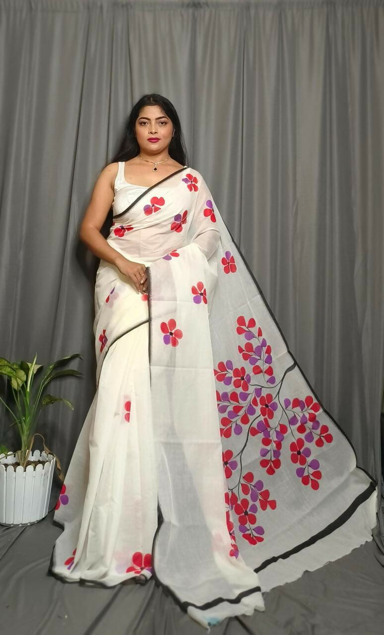 Exclusive Collection Beautiful White Red Pure Cotton Hand Print Handloom Grab2Buy With Running Blouse Piece 