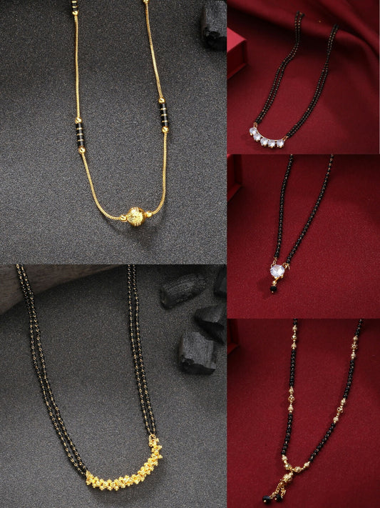 NVR Women's Set of 5 Gold-Polished CZ Stone-Studded & Beaded Mangalsutra 