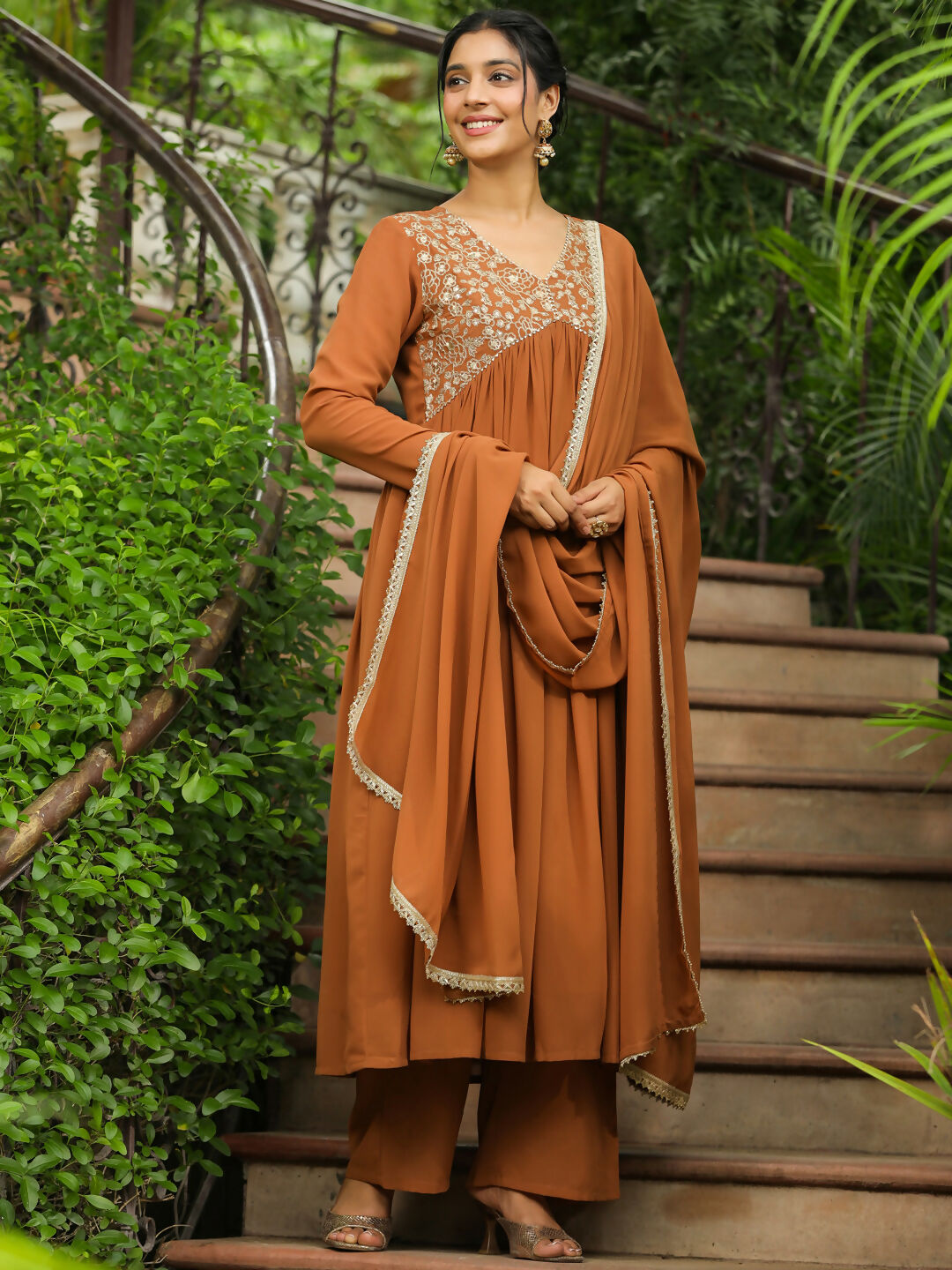 Janasya Brown Georgette Yoke Embroidery Kurta,Bottom & Dupatta 