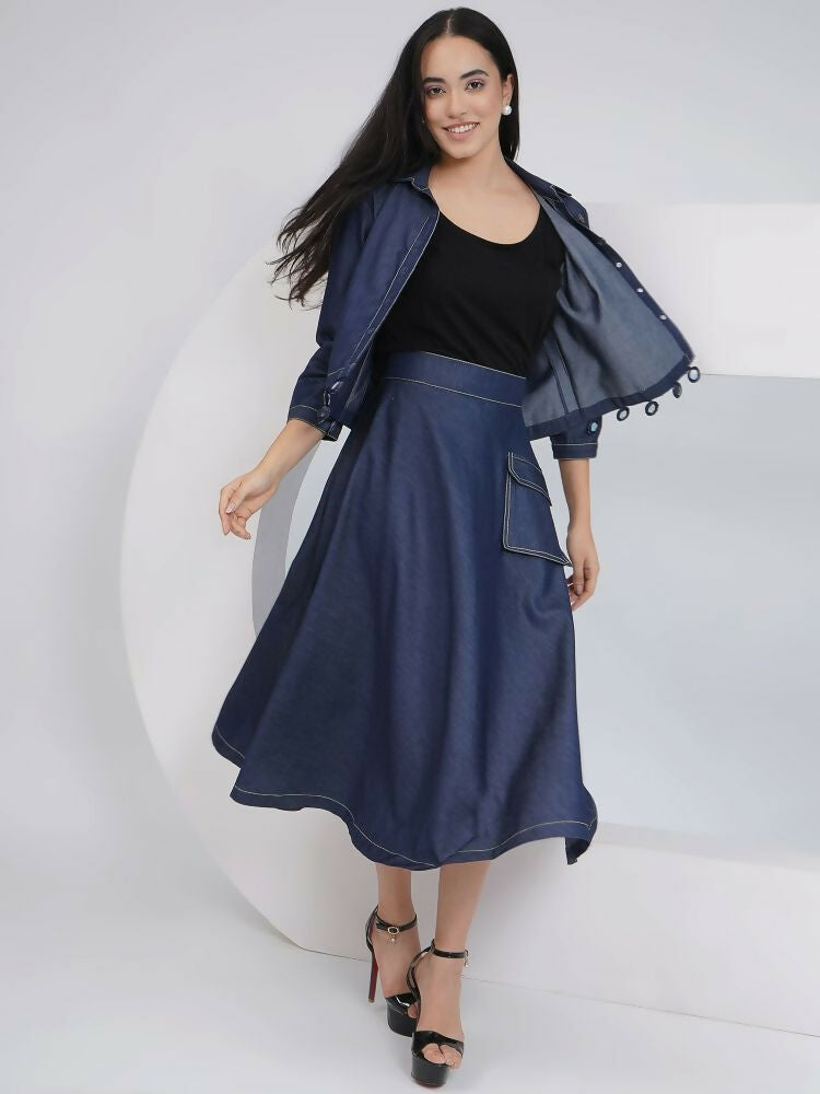 Joban Fashion Black Cotton Denim A Line Skirt With Inner And Jacket