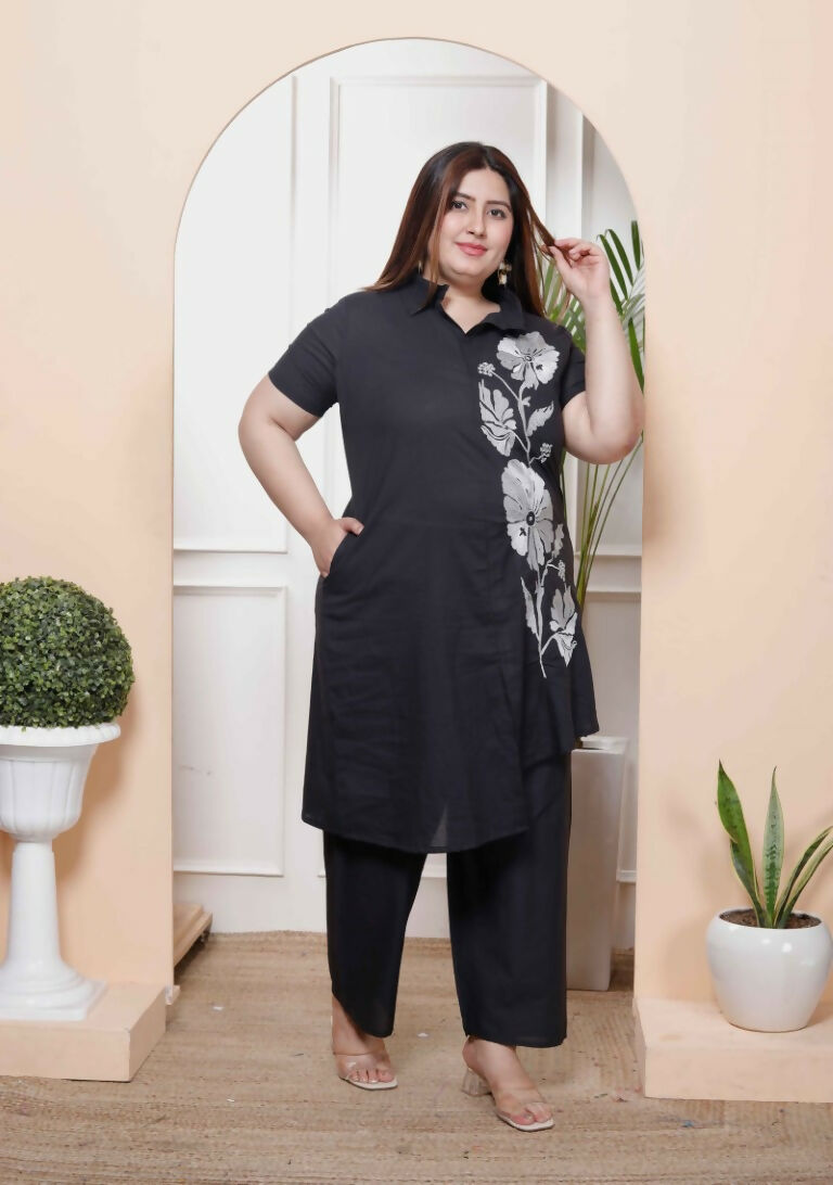 Miravan Women's Plus Size Black Pure Cotton Floral Embroidered High Low Co-Ord Set 