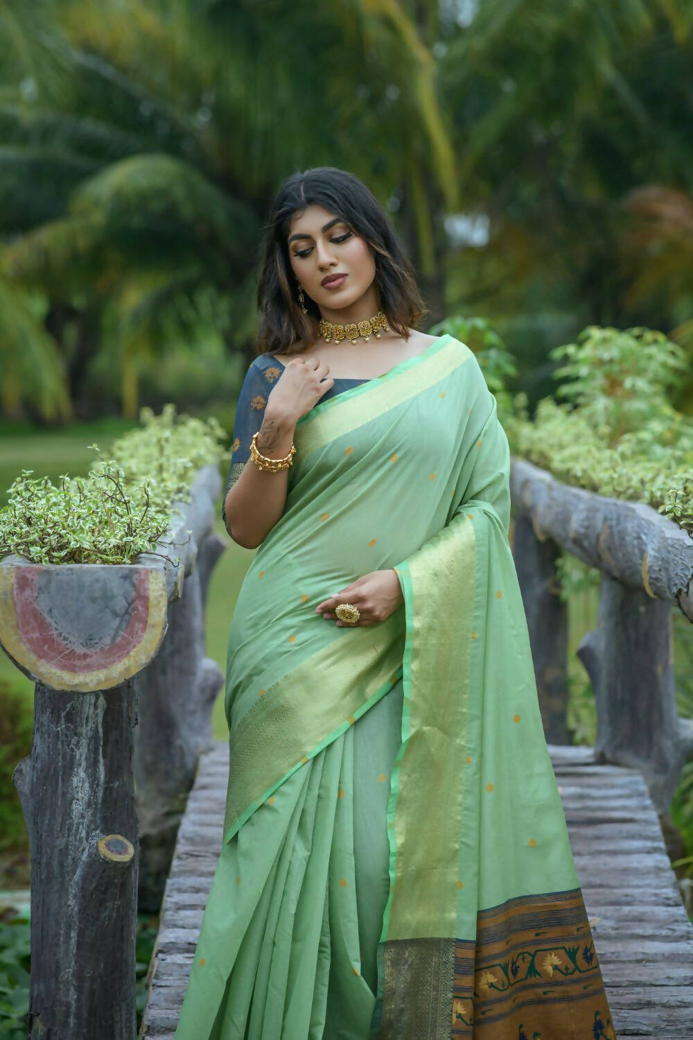 Vishnu Weaves Women's Sea Green Cotton Silk Zari Woven Grab2Buy with Blouse 