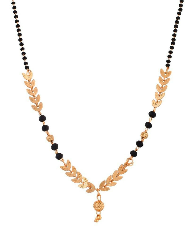 VOJ Gold-Polished Leaf Design Beaded Chain Mangalsutra 