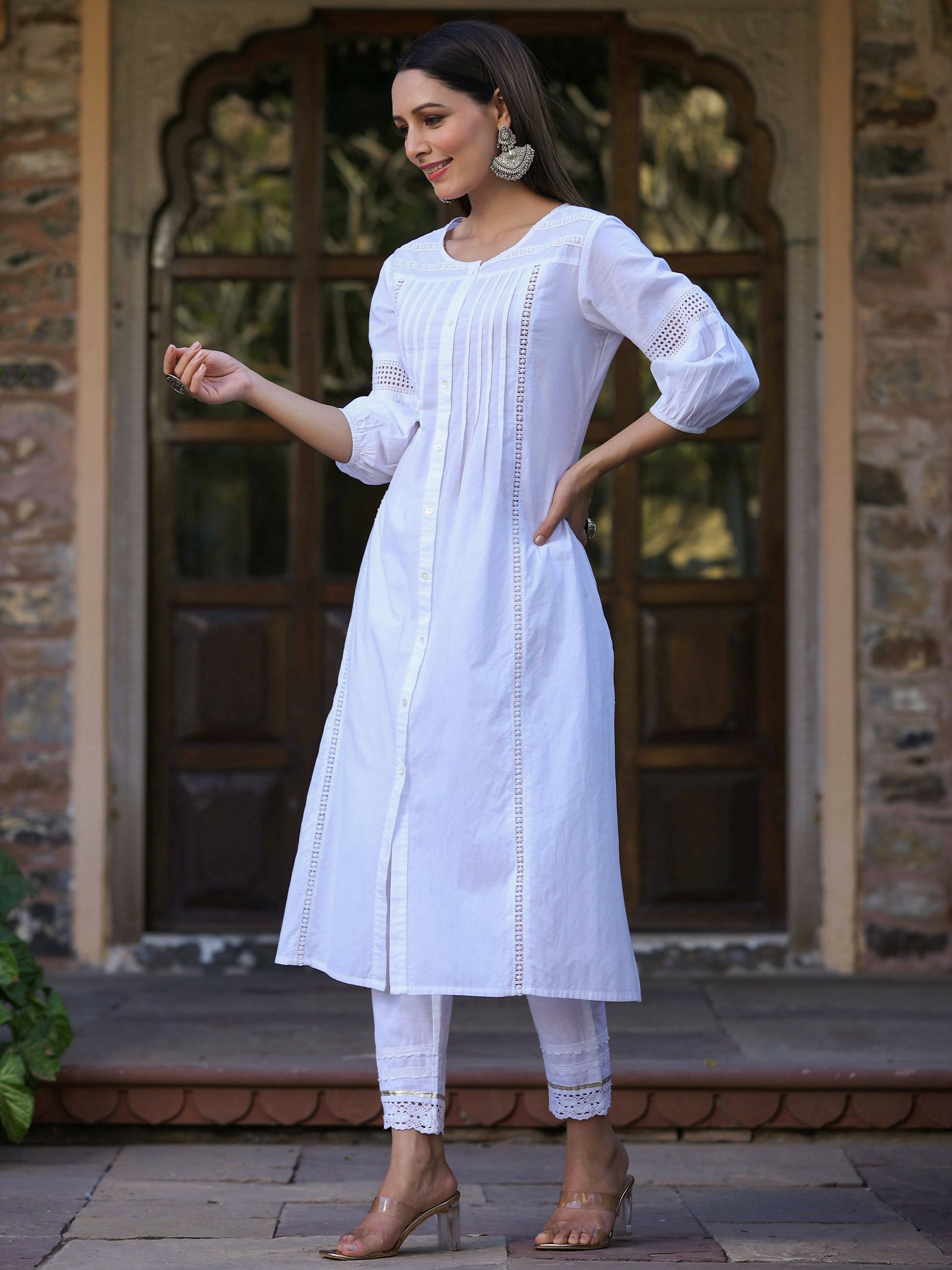 Juniper Women's White Cotton Cambric Solid A-Line Kurta