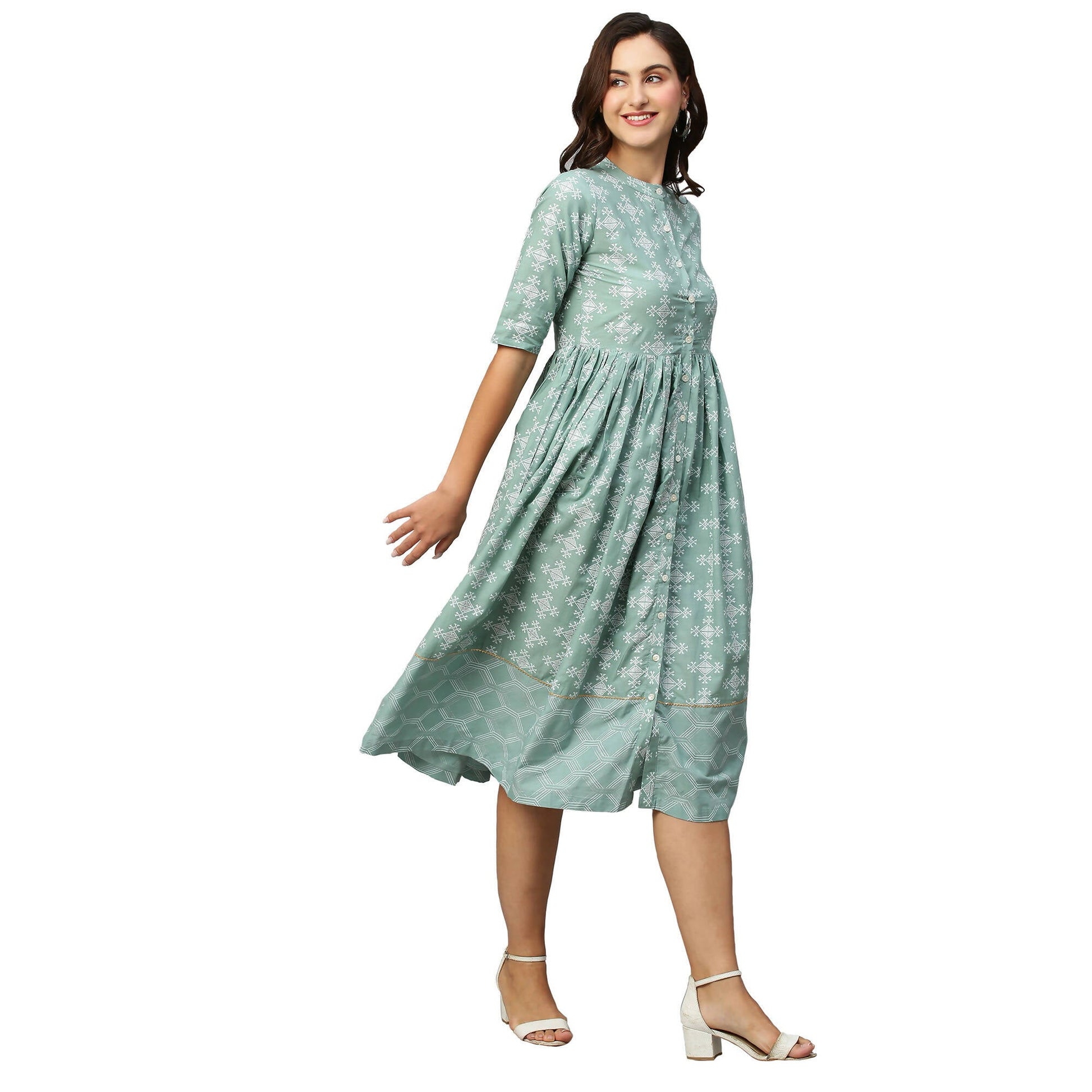 Green & Off-White Ethnic Motifs Printed Cotton A-Line Dress - Poonam