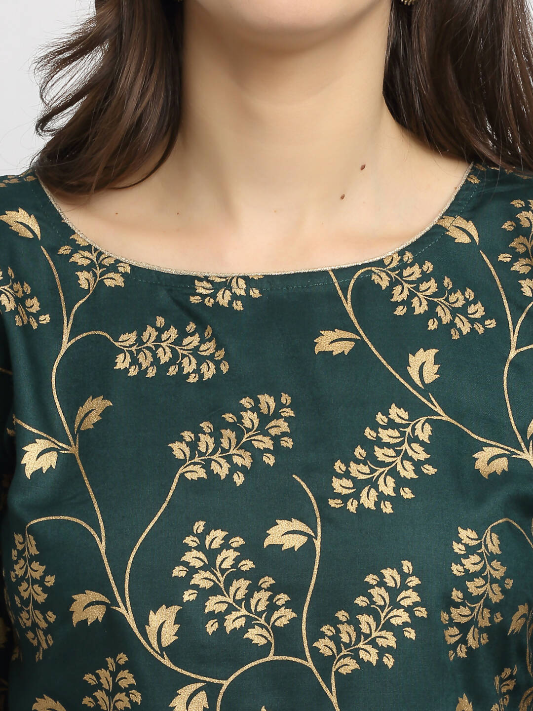 Rudra Bazaar Green Gold Printed Straight Kurta with Gold Printed Skirt & Dupatta