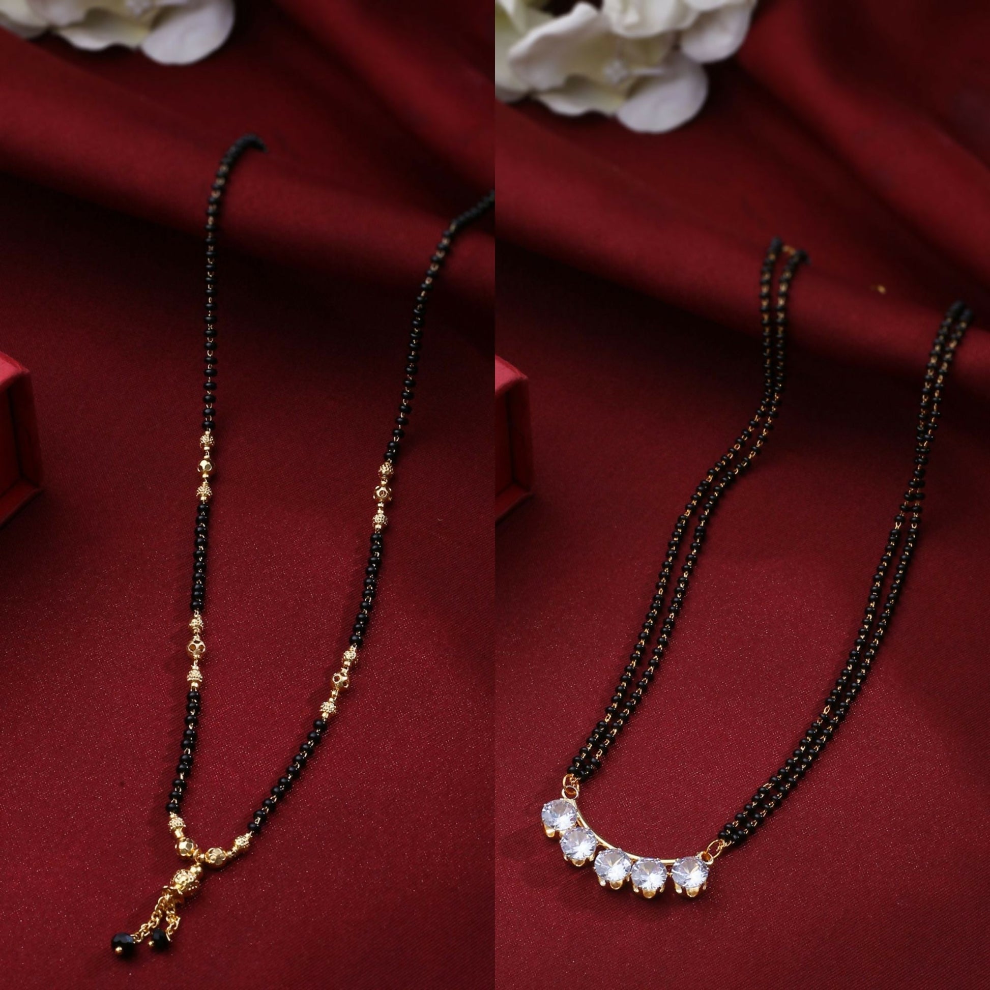NVR Women's's Set of 2 Black Gold-Polished Beaded Mangalsutra With Ad Stone 