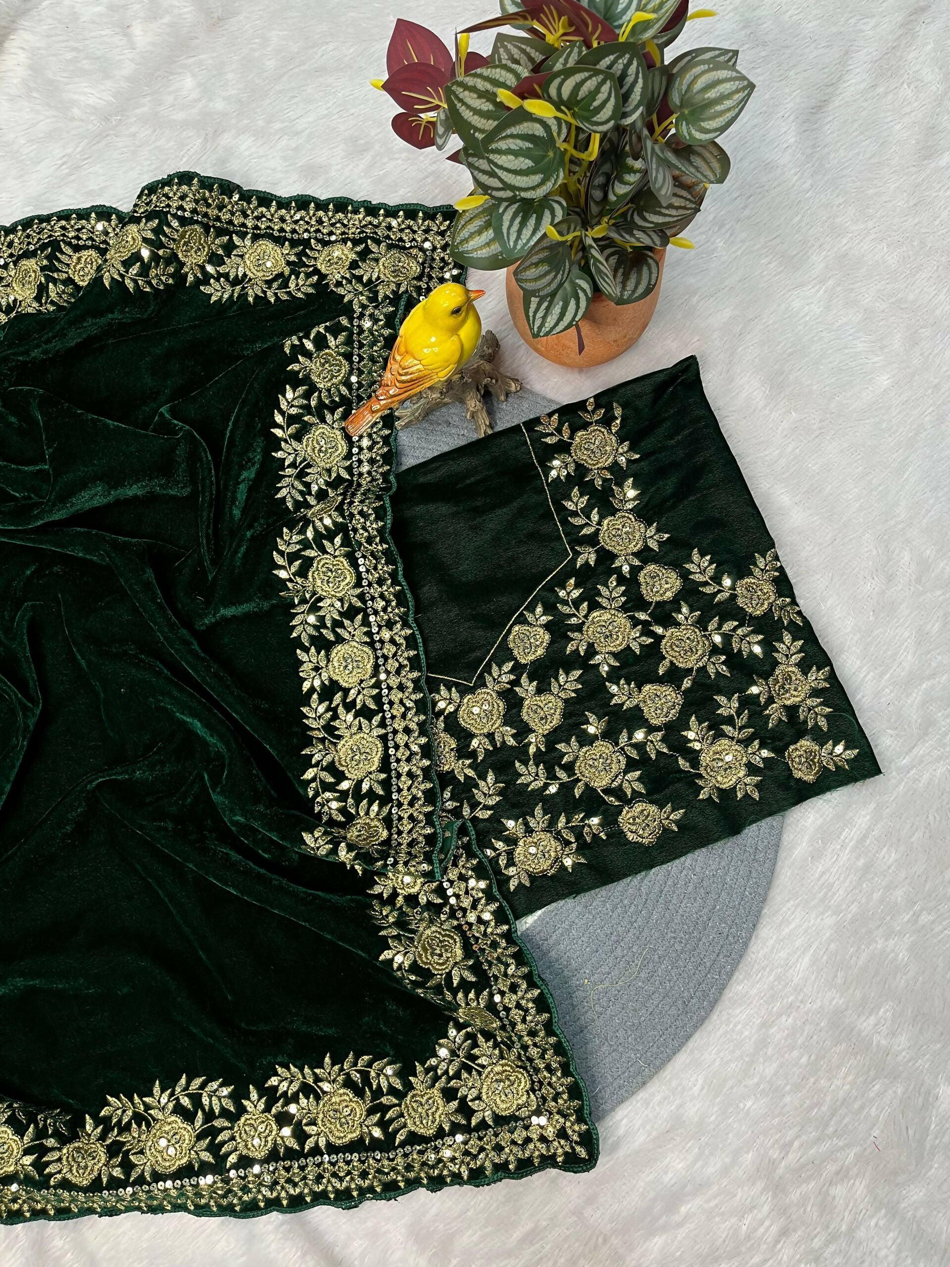 Joban Fashion Green Viscose Velvet Party Wear Sarees