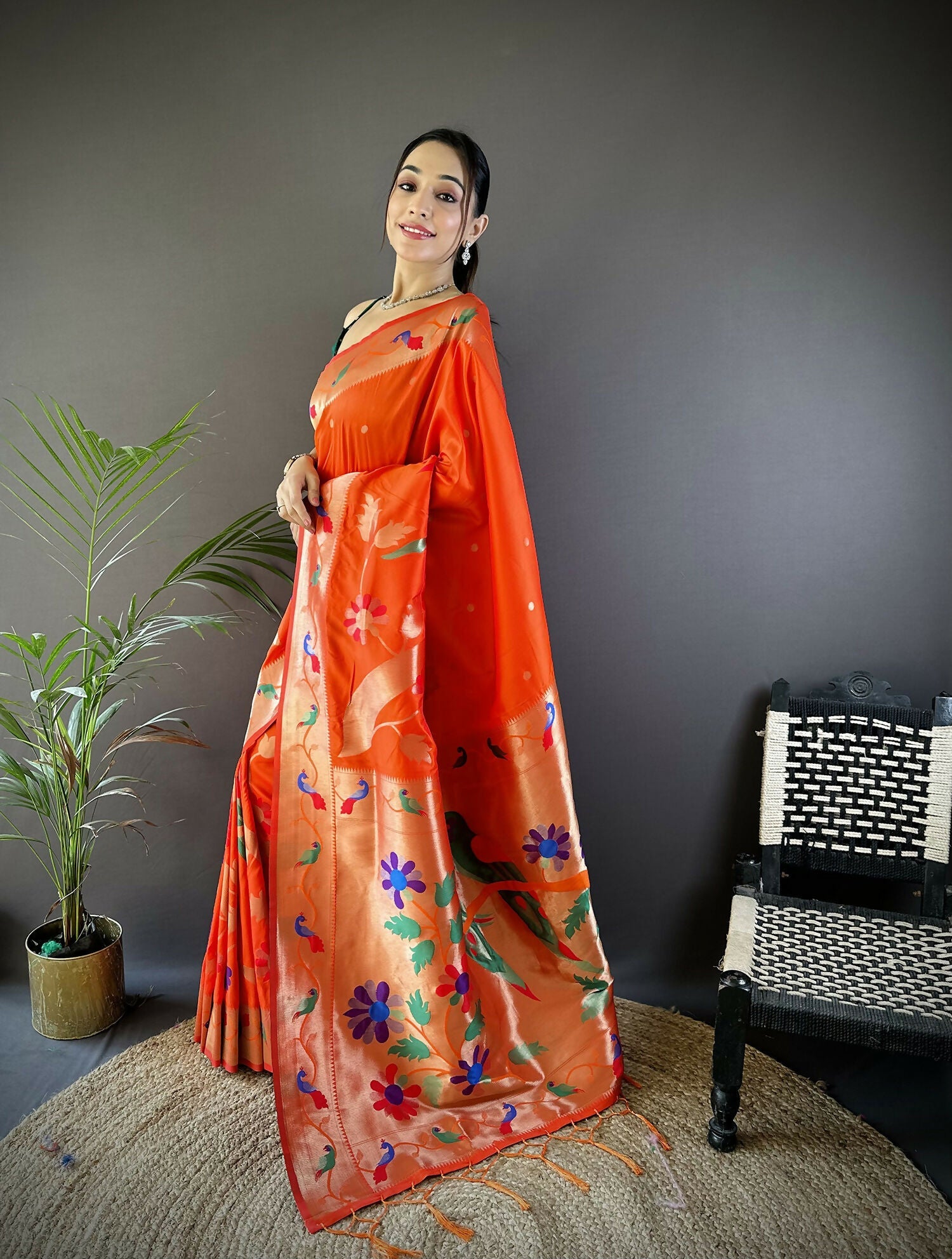 Joban Fashion Orange Zari Woven Floral Motifs Soft Silk Paithani Silk Saree