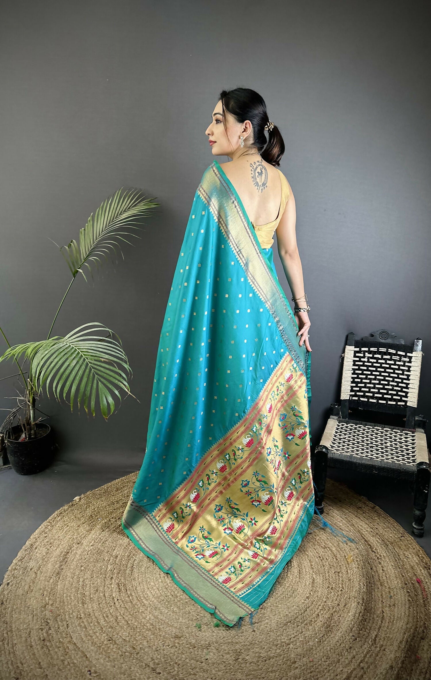 Joban Fashion Teal Butti Woven Soft Lichi Silk Paithani Saree