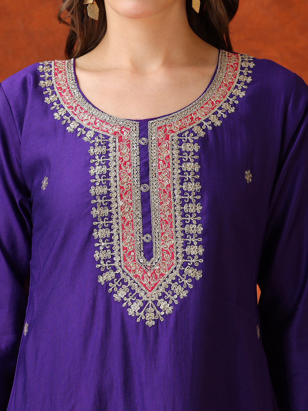 Sequin & Thread Embroidered Kurta With Pant & Embroidered Dupatta, Purple - Hiral Fashion