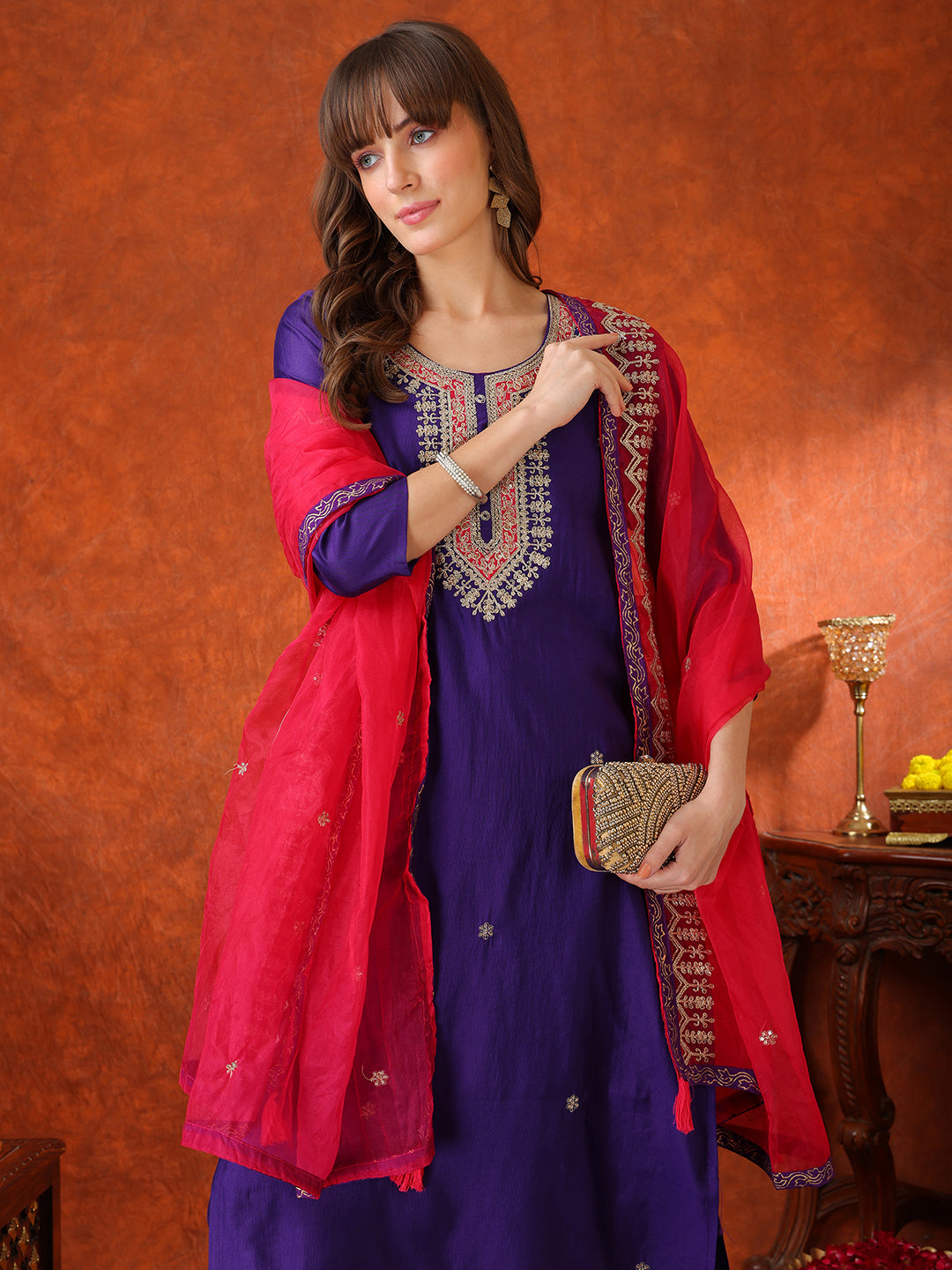 Sequin & Thread Embroidered Kurta With Pant & Embroidered Dupatta, Purple - Hiral Fashion
