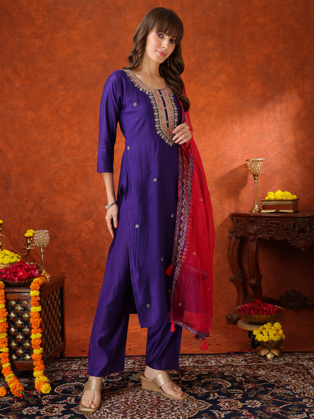 Sequin & Thread Embroidered Kurta With Pant & Embroidered Dupatta, Purple - Hiral Fashion