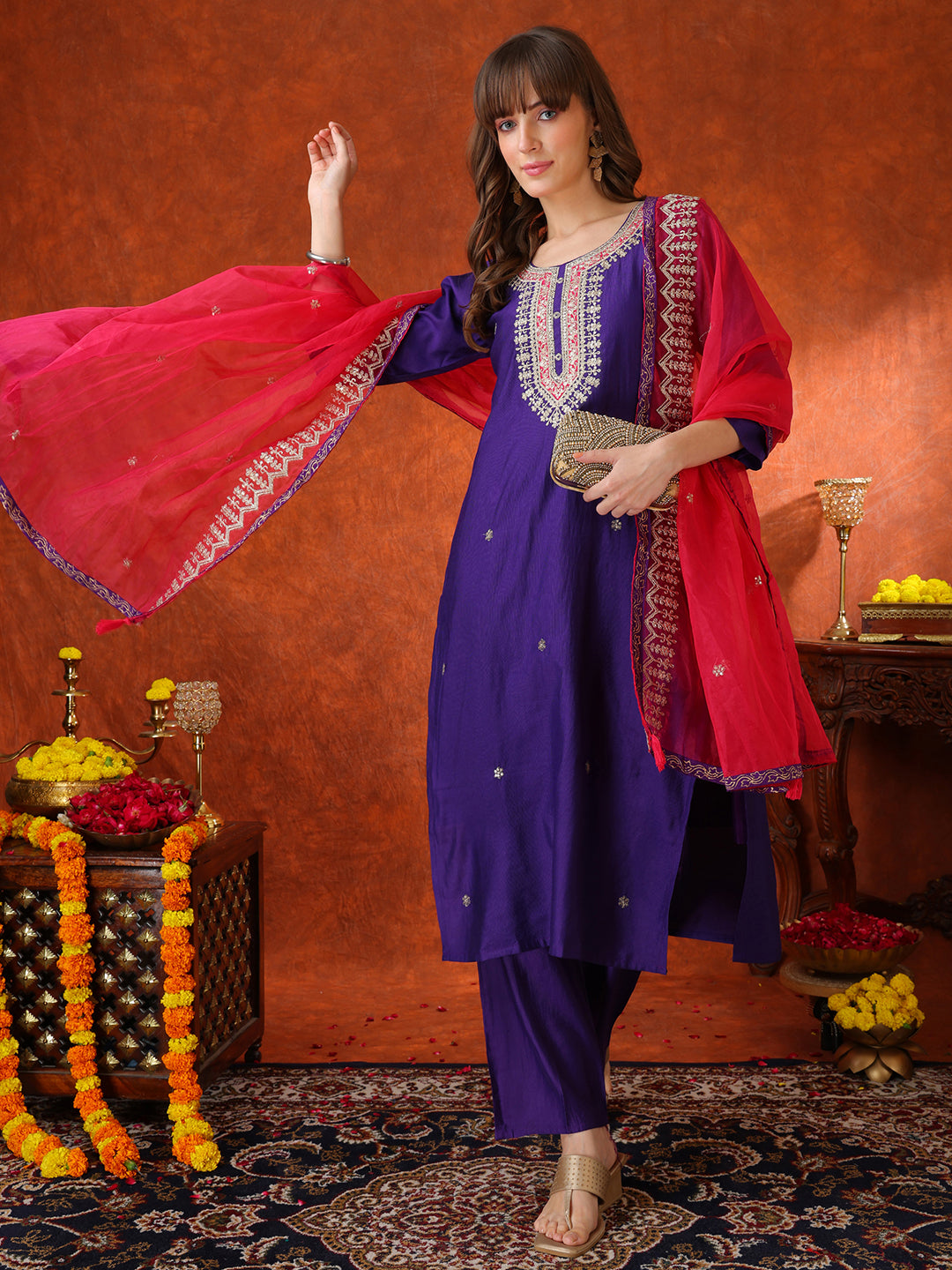 Sequin & Thread Embroidered Kurta With Pant & Embroidered Dupatta, Purple - Hiral Fashion