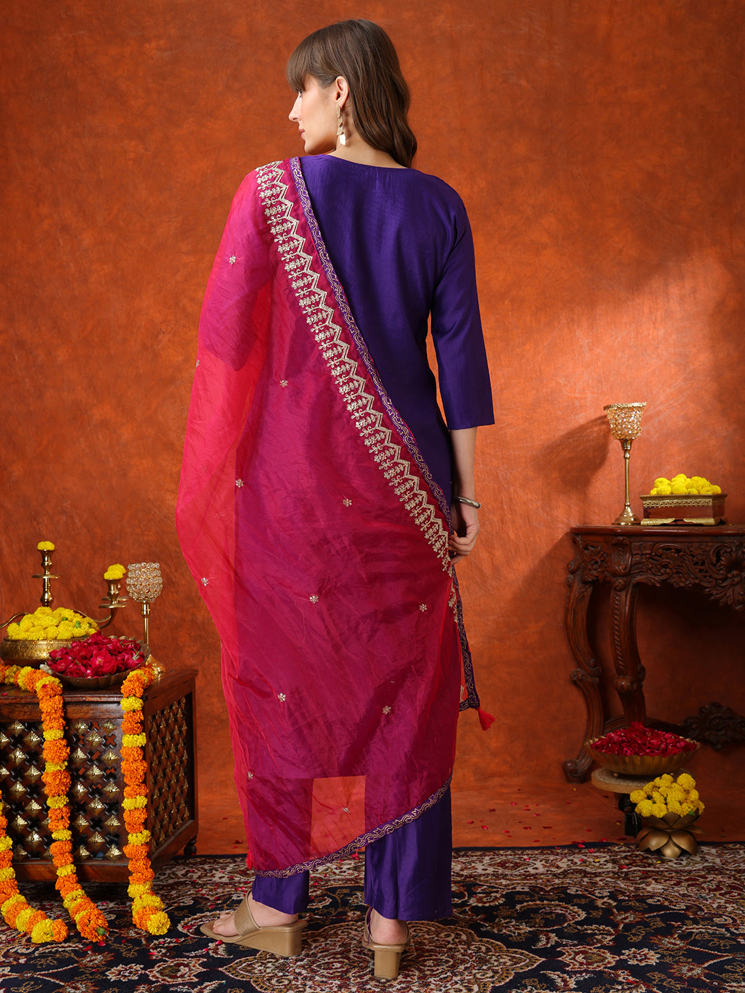 Sequin & Thread Embroidered Kurta With Pant & Embroidered Dupatta, Purple - Hiral Fashion