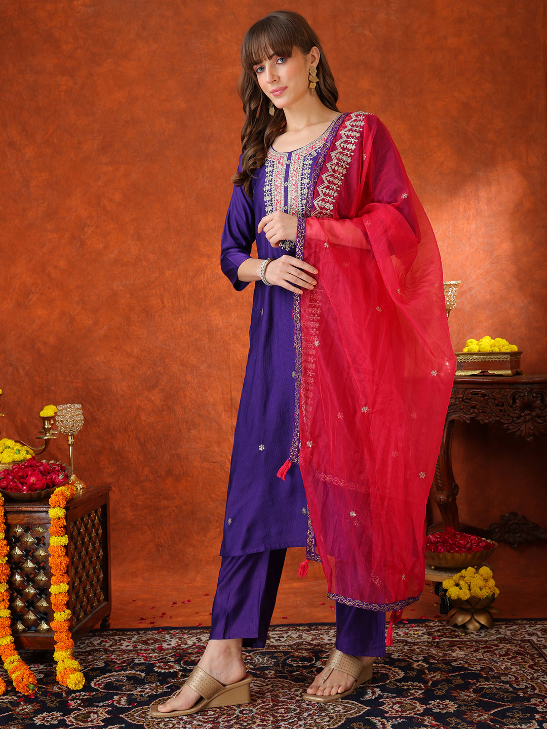 Sequin & Thread Embroidered Kurta With Pant & Embroidered Dupatta, Purple - Hiral Fashion