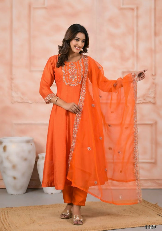 Ethnic Festive Wear Slik Orange Stitched Suit With Dupatta - Anbazaar