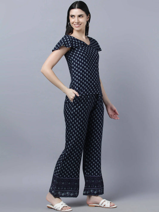 Myshka Women Navy Blue Ethnic Motifs Printed Pure Cotton Top with Palazzos