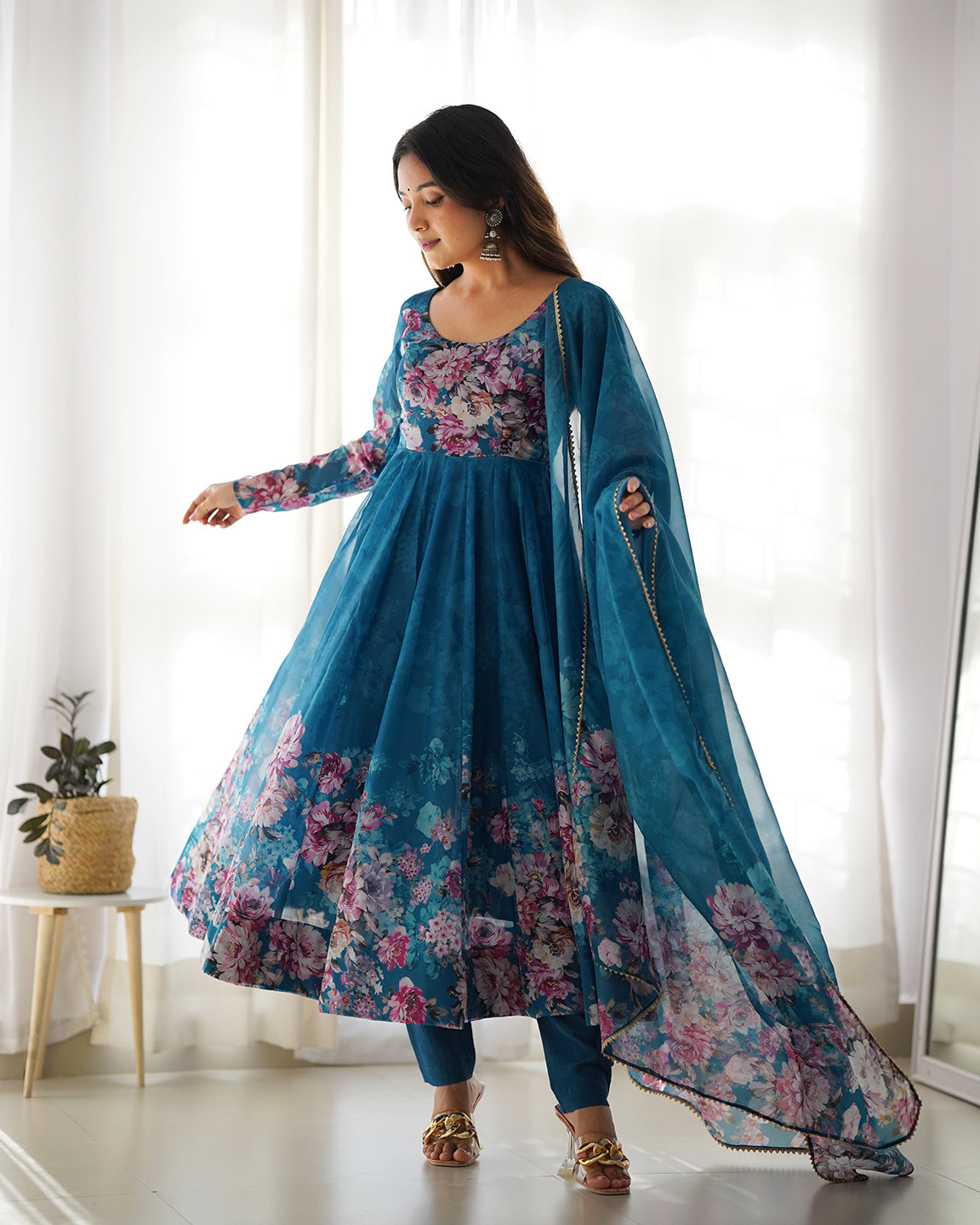 Lorenvalley Fashion Women Pure Soft Organza Silk Floral Print Fully Flair Anarkali With Pent Dupatta Set - Teal 