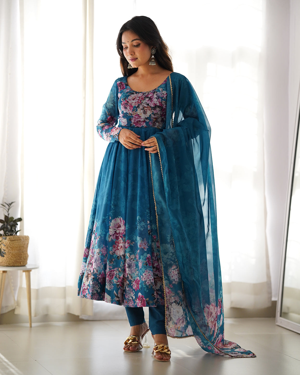 Lorenvalley Fashion Women Pure Soft Organza Silk Floral Print Fully Flair Anarkali With Pent Dupatta Set - Teal 