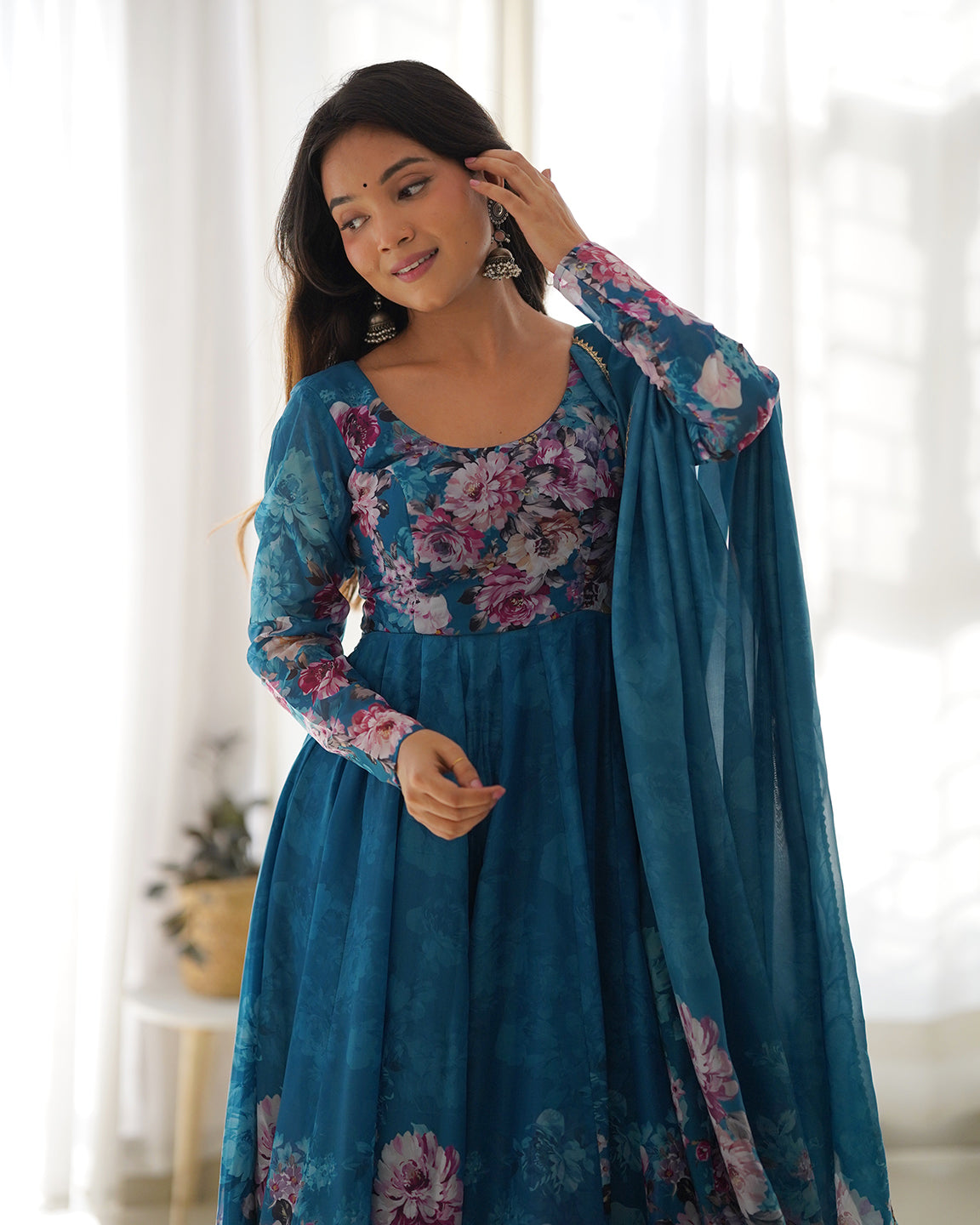 Lorenvalley Fashion Women Pure Soft Organza Silk Floral Print Fully Flair Anarkali With Pent Dupatta Set - Teal 