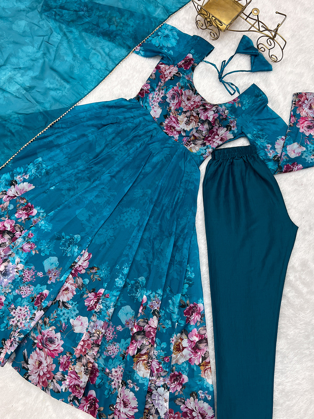 Lorenvalley Fashion Women Pure Soft Organza Silk Floral Print Fully Flair Anarkali With Pent Dupatta Set - Teal 