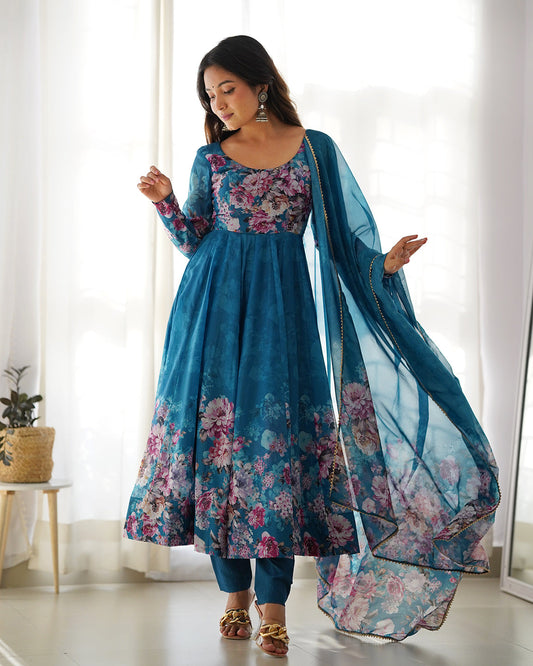 Lorenvalley Fashion Women Pure Soft Organza Silk Floral Print Fully Flair Anarkali With Pent Dupatta Set - Teal 