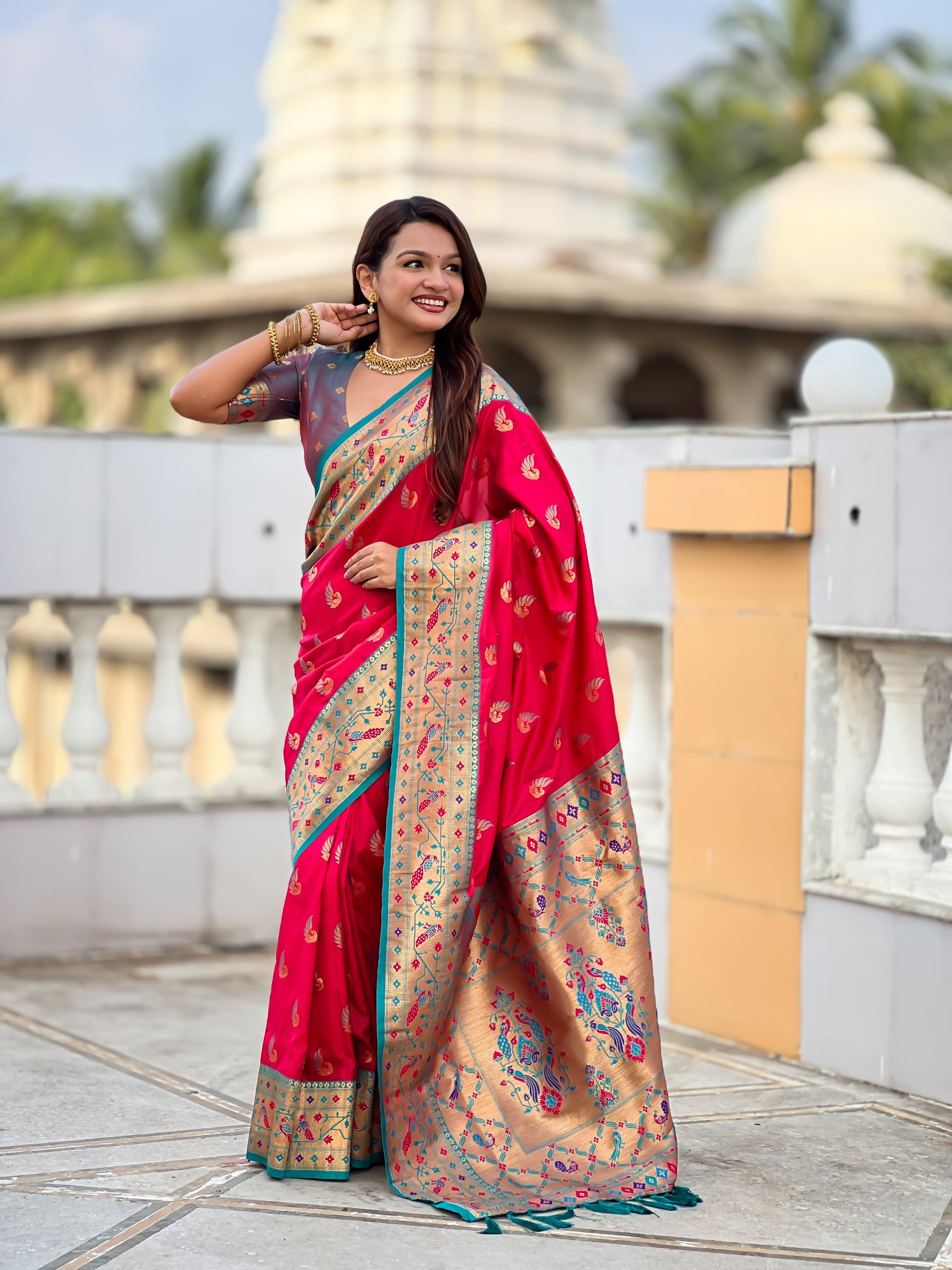 Mameraa Sarees Pink Green Faux Banarasi Silk Saree With Paithani Rich Weaved Pallu And Blouse-Pink