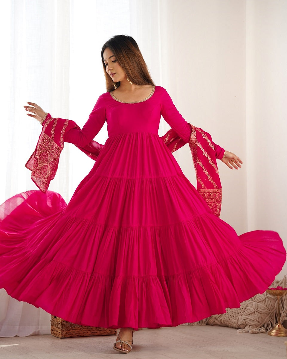 Evanik Rani Pink Pure Roman Silk Chanderi With Fully Flair Anarkali Pant With Dupatta