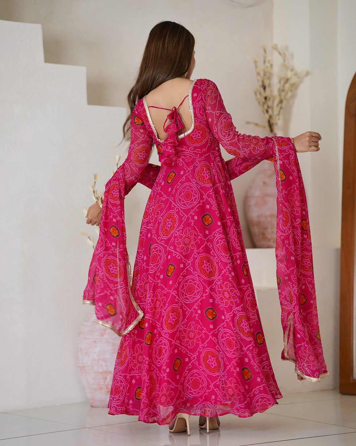 Evanik Rani Pink Pure Lightweight Chiffon Bandhej Design Anarkali Pant With Dupatta
