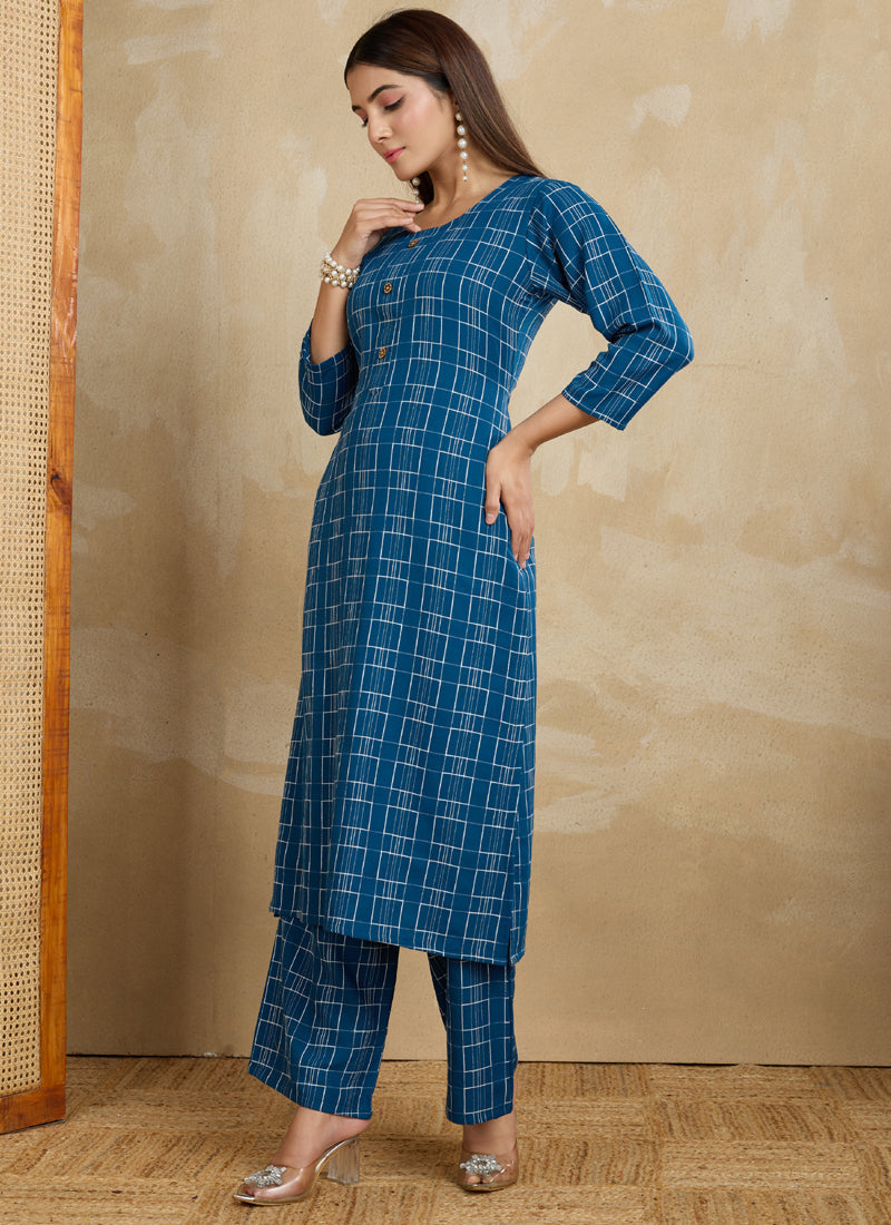 Prazu Fashion Blue Printed Cotton Blend Kurta Pant Set