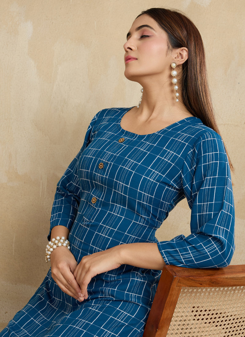 Prazu Fashion Blue Printed Cotton Blend Kurta Pant Set