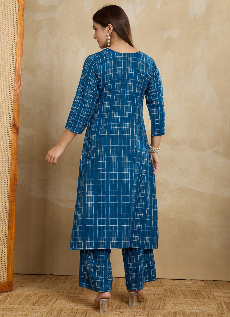 Prazu Fashion Blue Printed Cotton Blend Kurta Pant Set