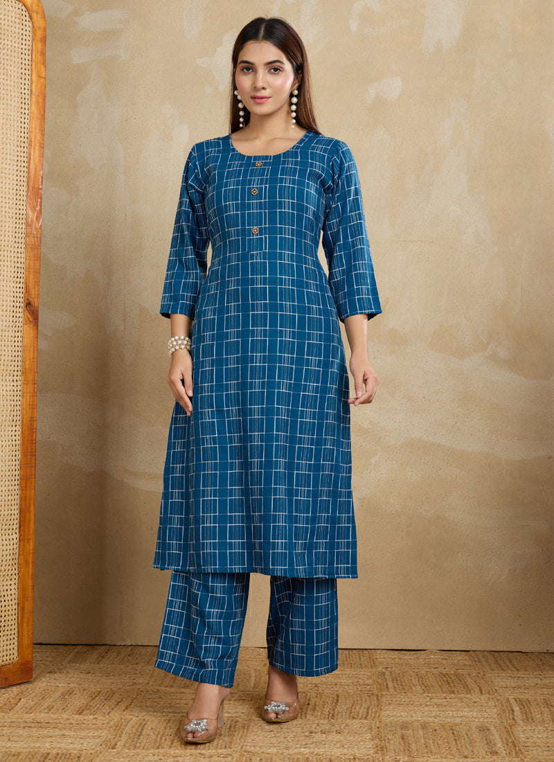 Prazu Fashion Blue Printed Cotton Blend Kurta Pant Set