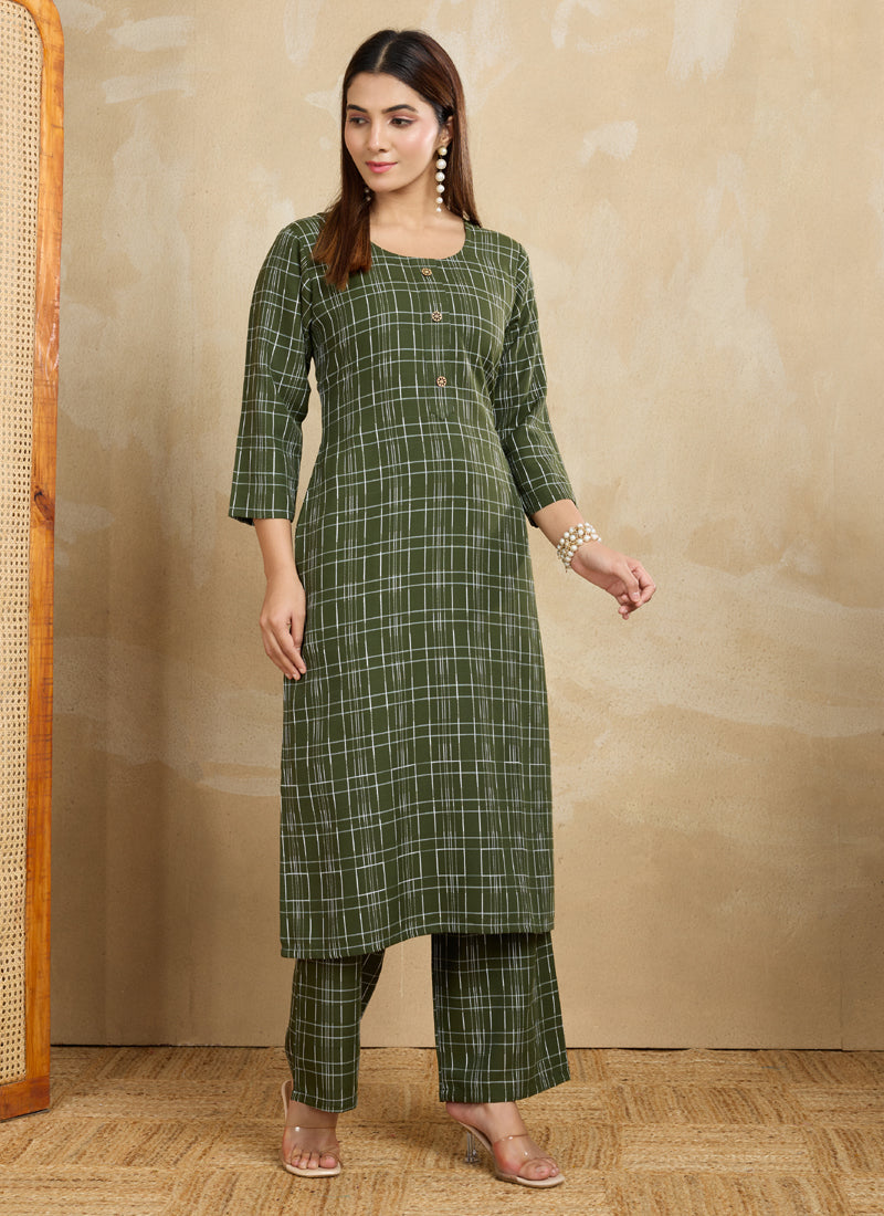 Prazu Fashion Green Printed Cotton Blend Kurta Pant Set