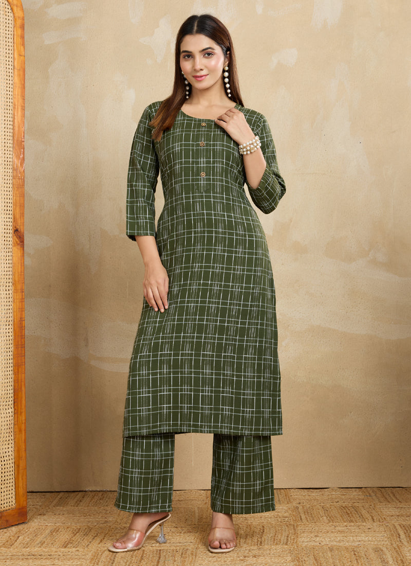 Prazu Fashion Green Printed Cotton Blend Kurta Pant Set