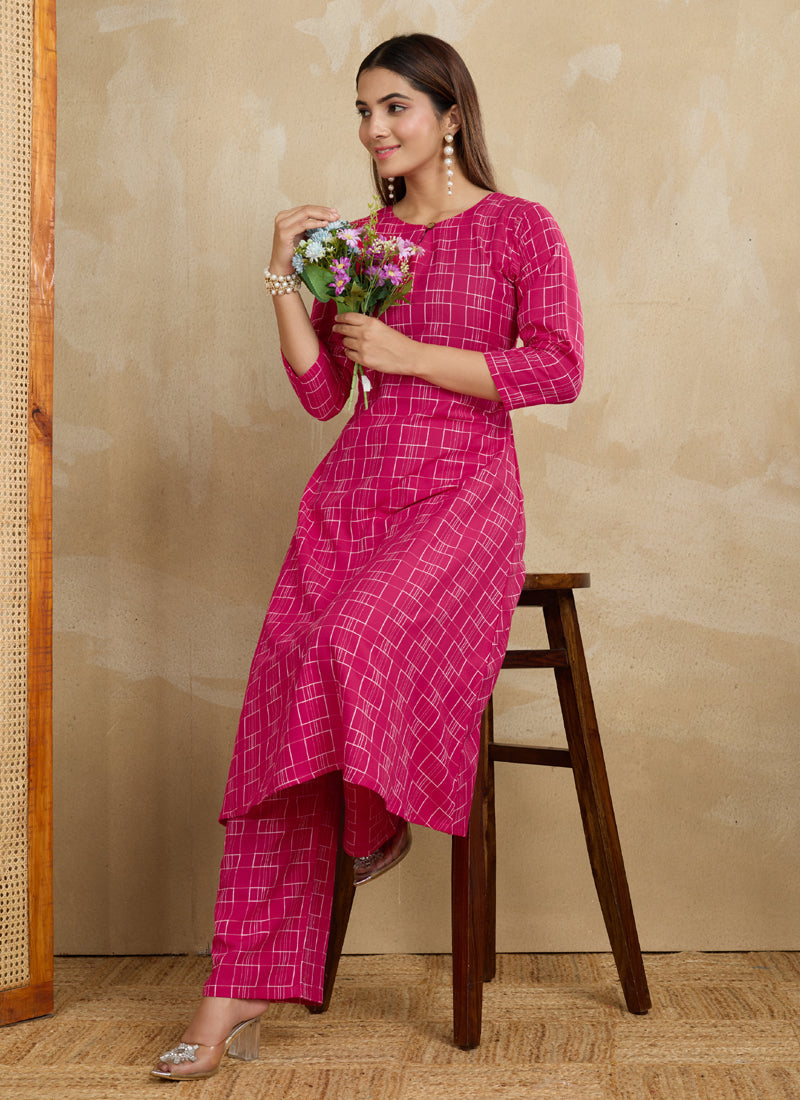 Prazu Fashion Pink Printed Cotton Blend Kurta Pant Set