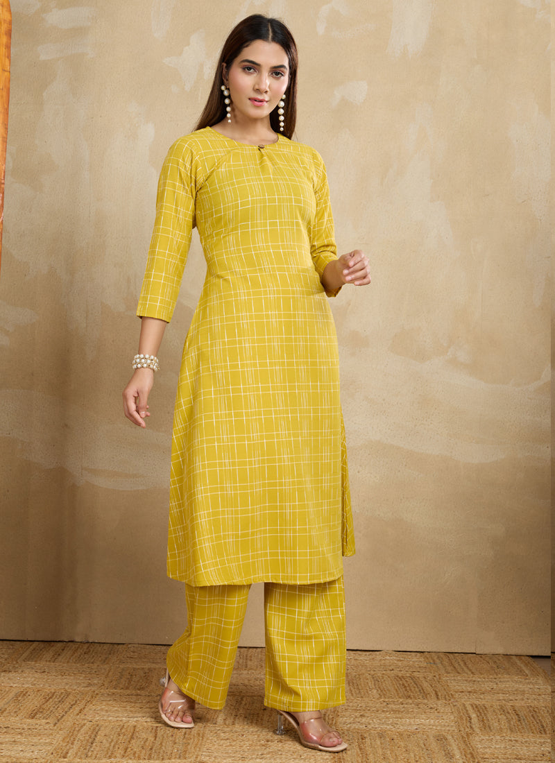 Prazu Fashion Yellow Printed Cotton Blend Kurta Pant Set