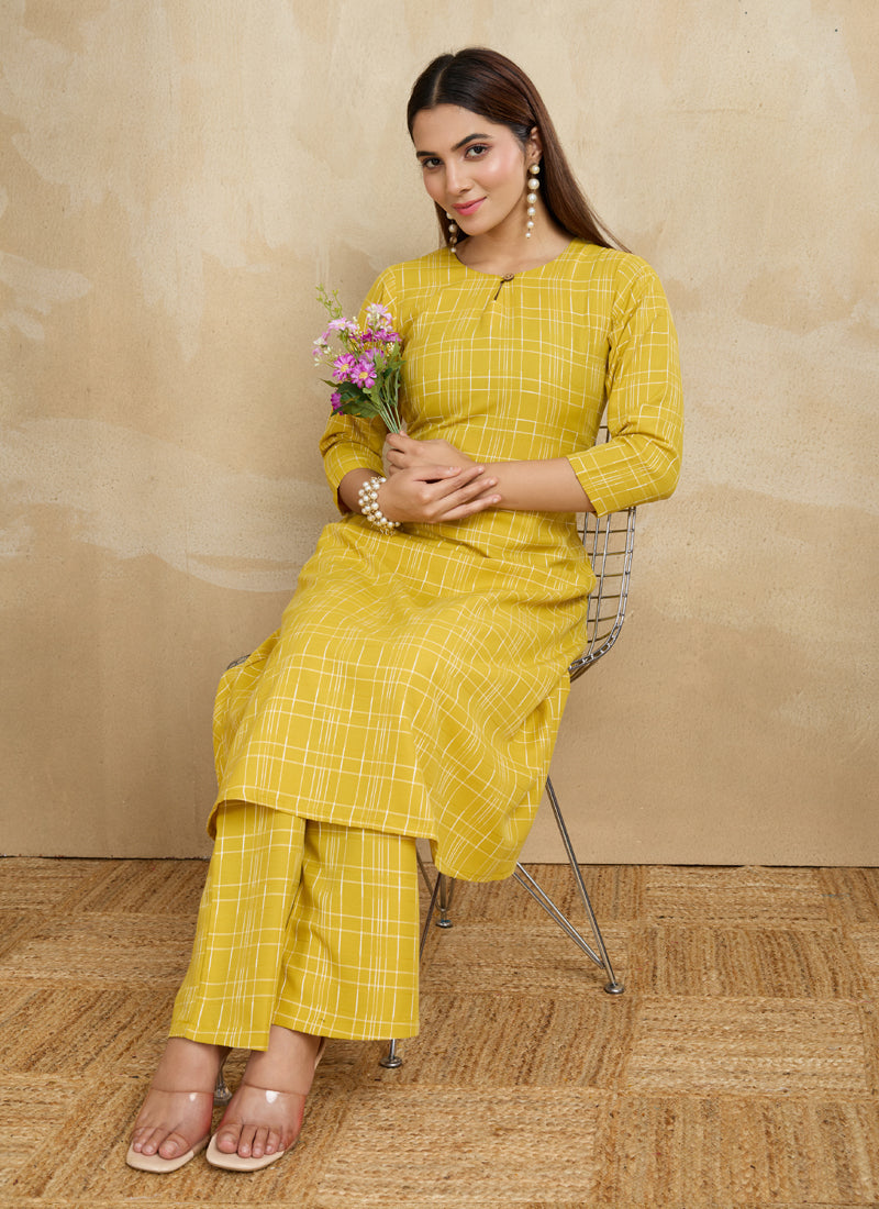Prazu Fashion Yellow Printed Cotton Blend Kurta Pant Set